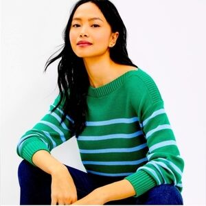 LOFT Striped Drop Shoulder Boatneck Kelly Green Light Blue Sweater XS
